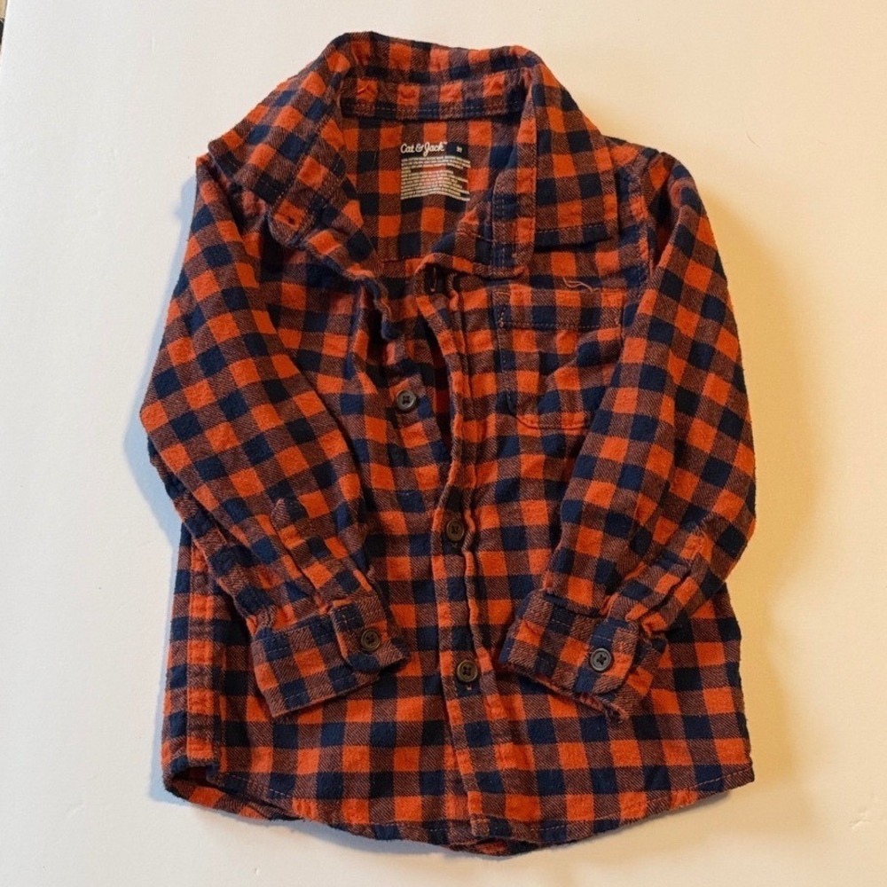 Cat & Jack Toddler Boys Orange Navy Blue Buffalo Plaid Flannel Shirt 2T Cotton
